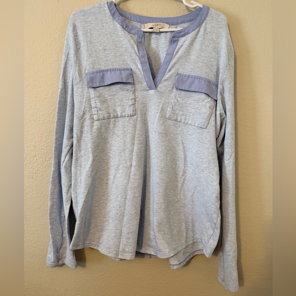 LOFT Pale Blue Long Sleeve Split-Neck Pocket Top